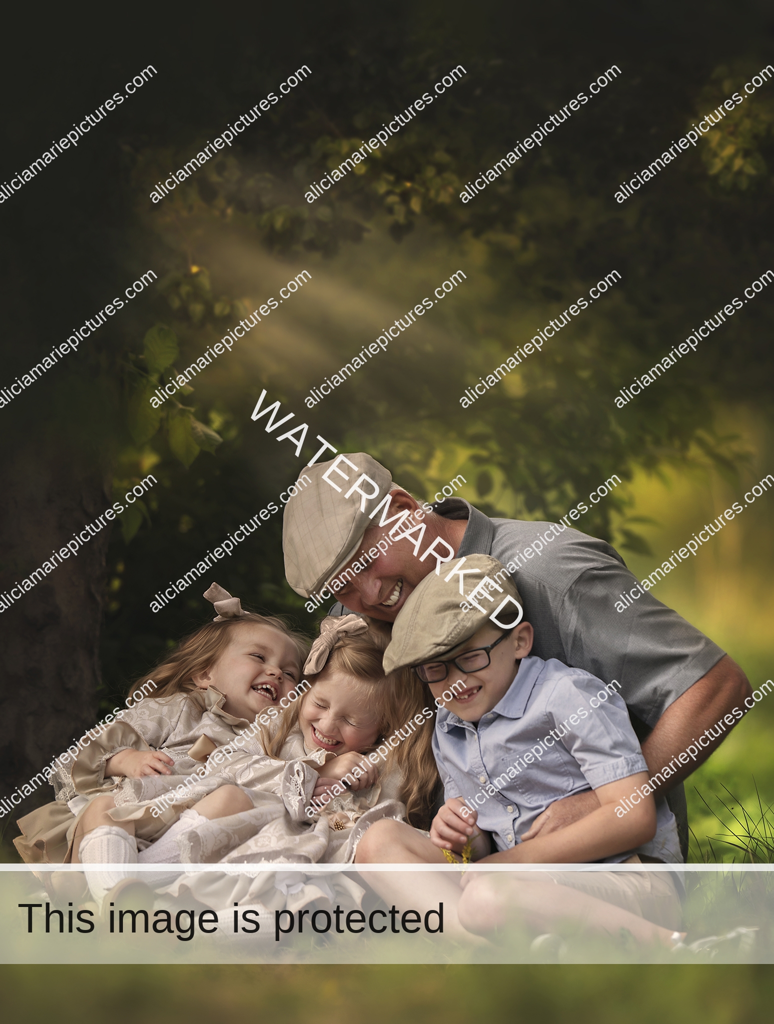 grandfather laughing and tickling grandchildren. Sunset golden hour warm light smiles