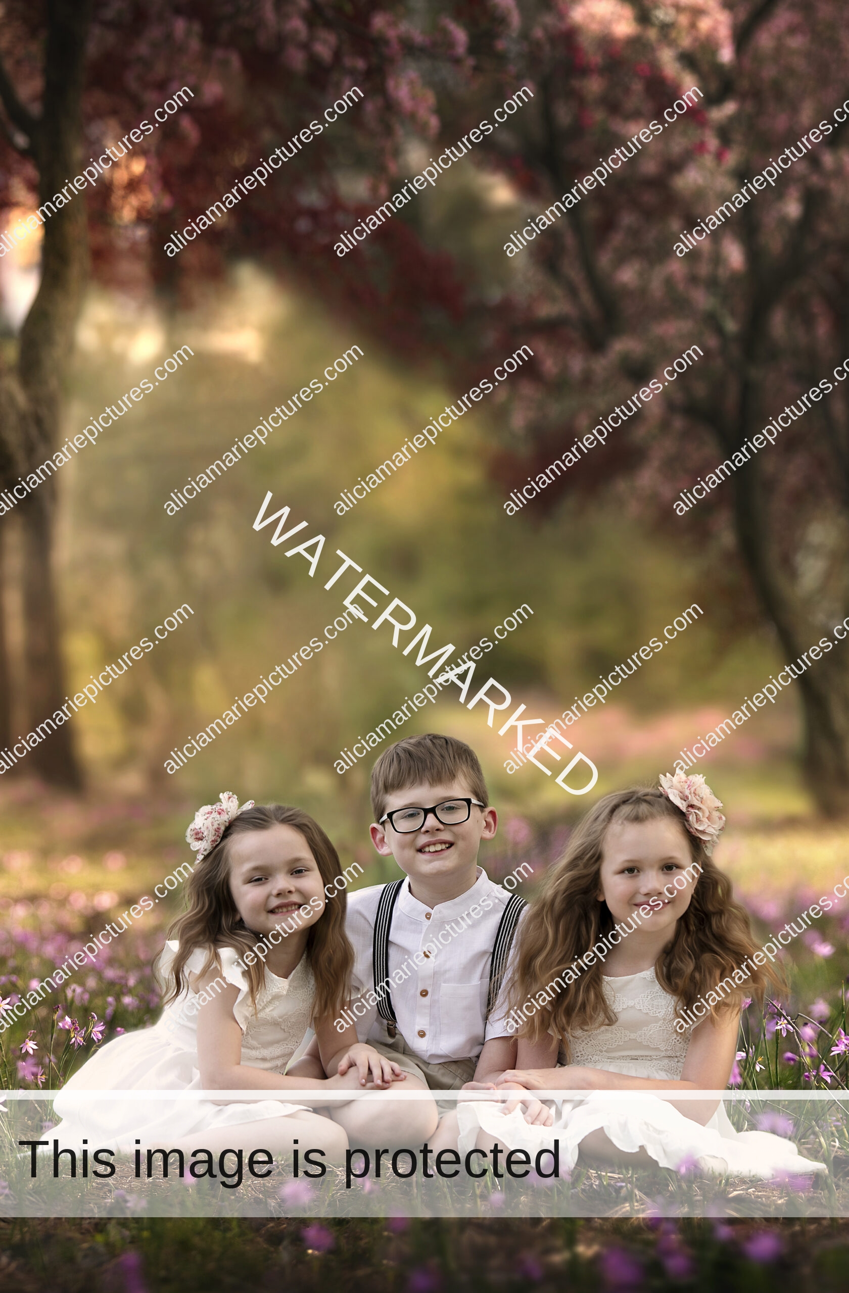 Fine art image of siblings in field park of pink wildflowers with flowering tree blossoms at golden hour