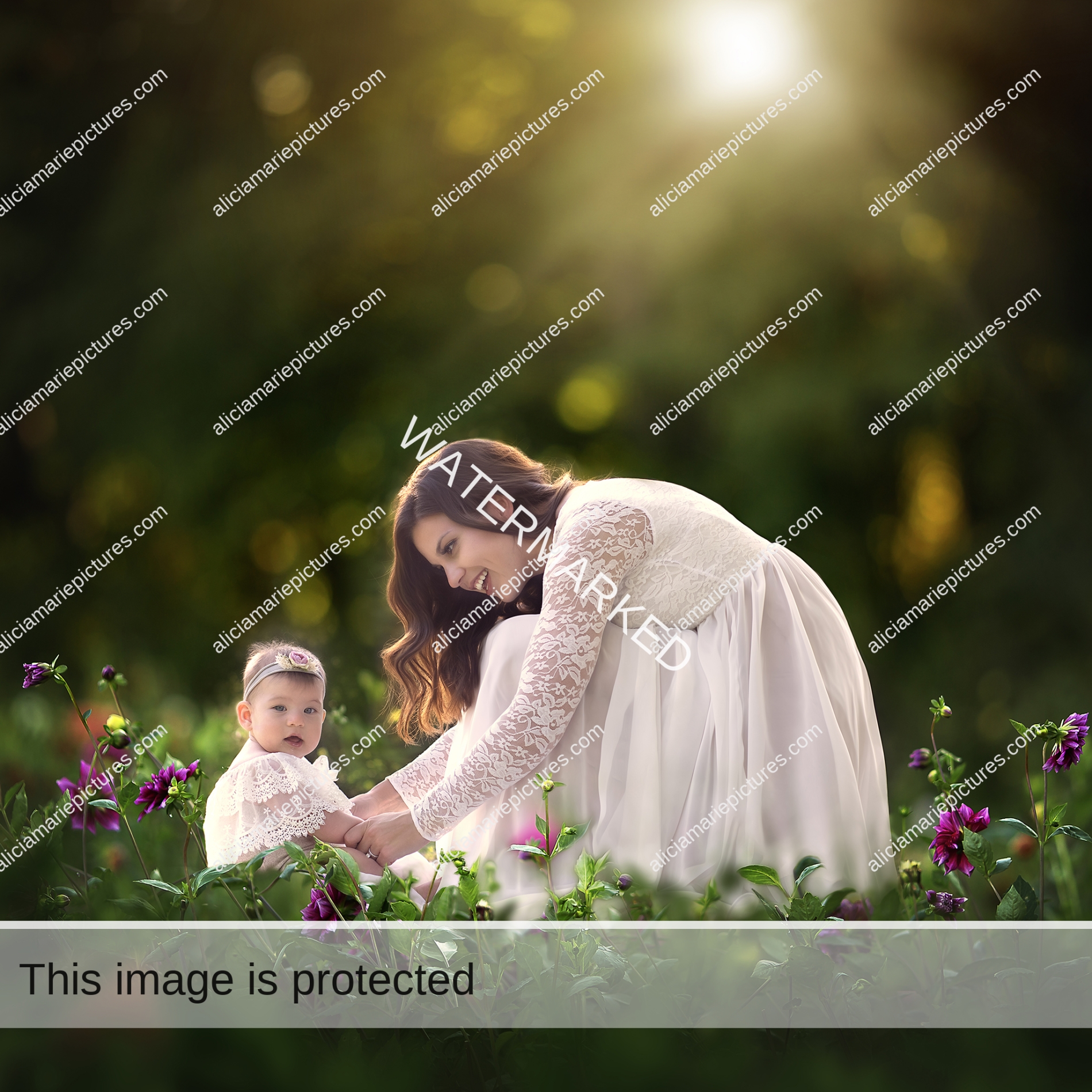 Fine art photography mother holding infant daughter's hands in field of flowers at golden hour