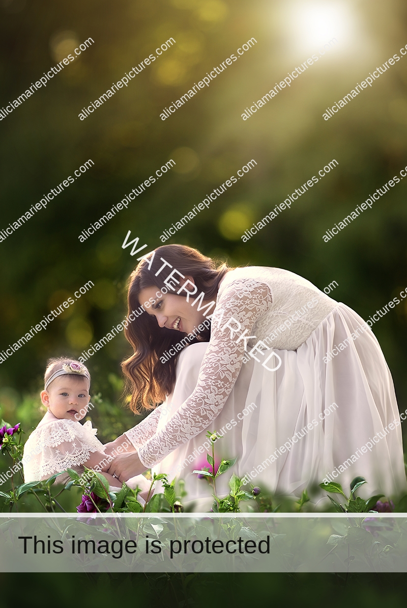 Fine art photography mother holding infant daughter's hands in field of flowers at golden hour