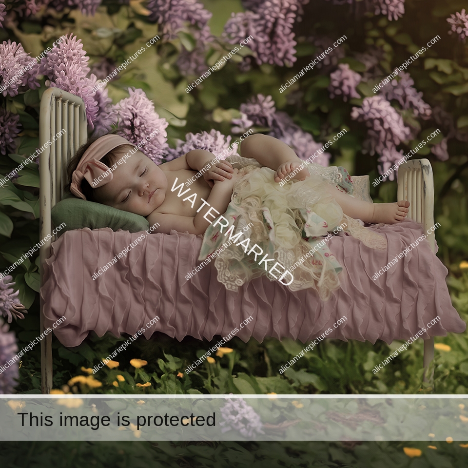 Fine art photography infant baby girl sleeping on bed in field of lilac flowers spring