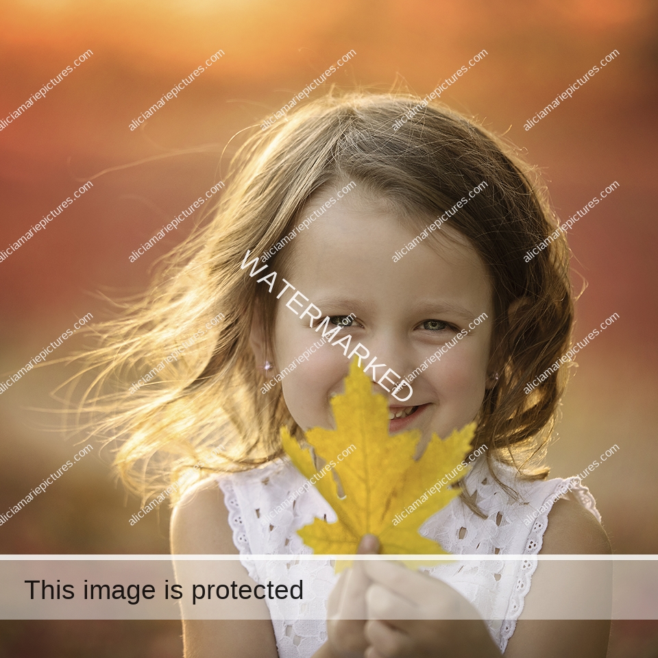 Fine art photography little girl smiling holding autumn leaf in front of face with hair blowing at golden hour