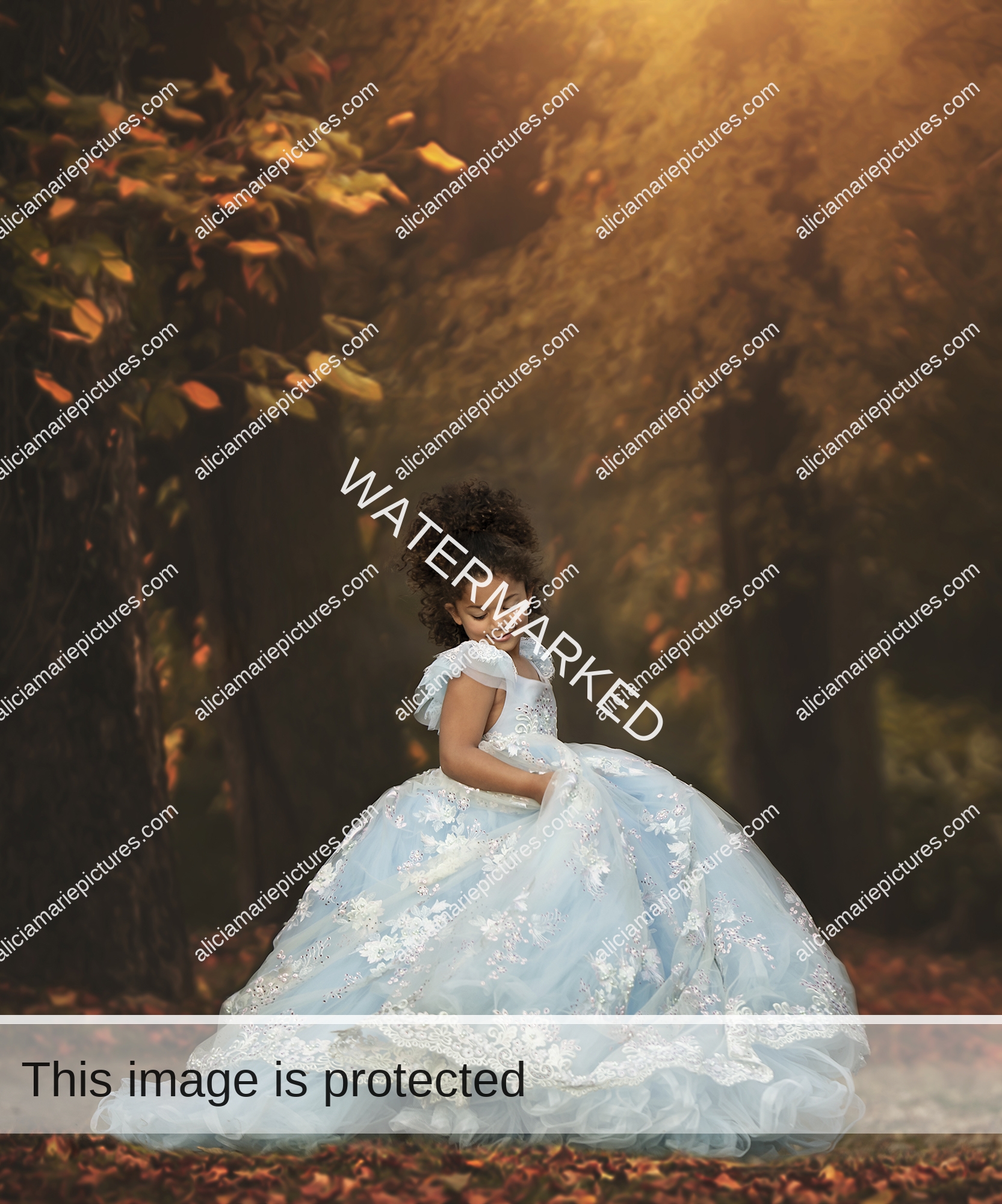 young girl in blue beaded fancy couture dress walking in Autumn forest leaves sunset golden hour