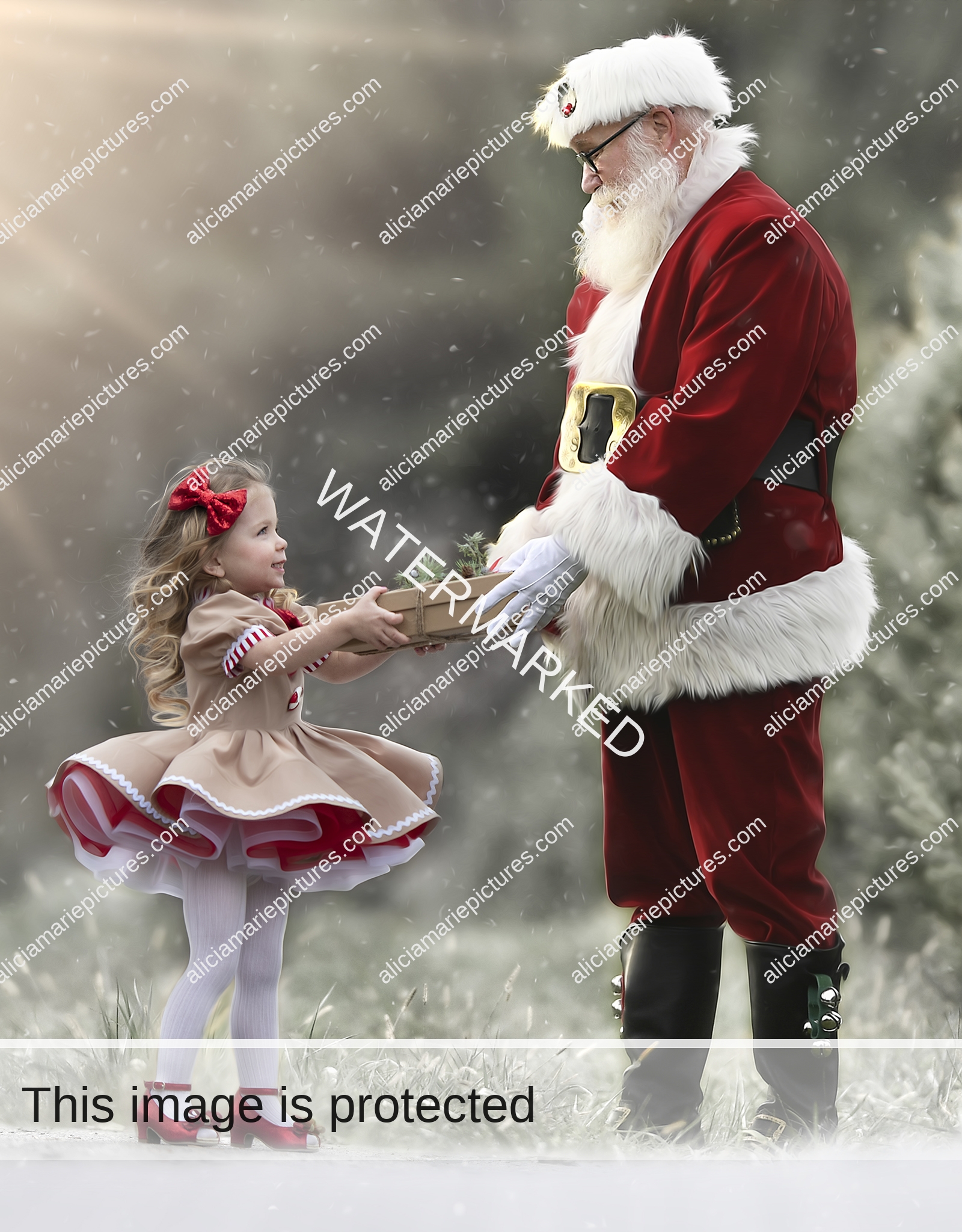 Fine art photography Santa giving little girl in candy cane dress a gift on Christmas at golden hour