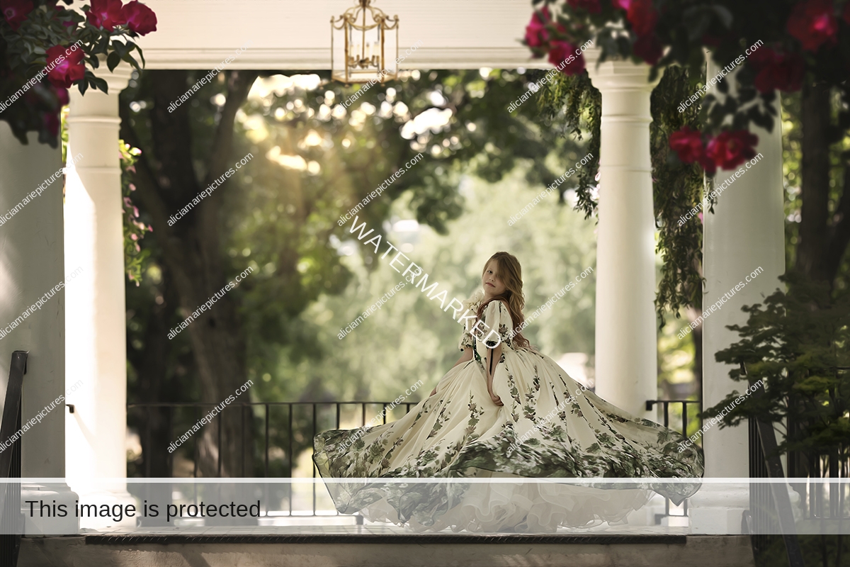 girl in fancy couture dress gone with the wind inspired roses gazebo summer elegant sunset golden hour