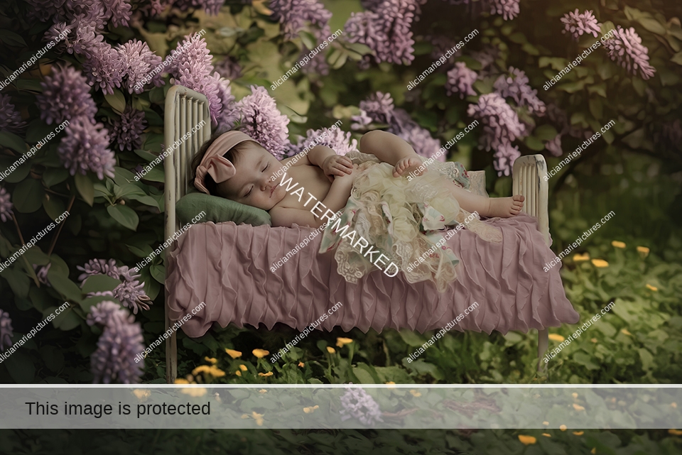 Fine art photography infant baby girl sleeping on bed in field of lilac flowers spring