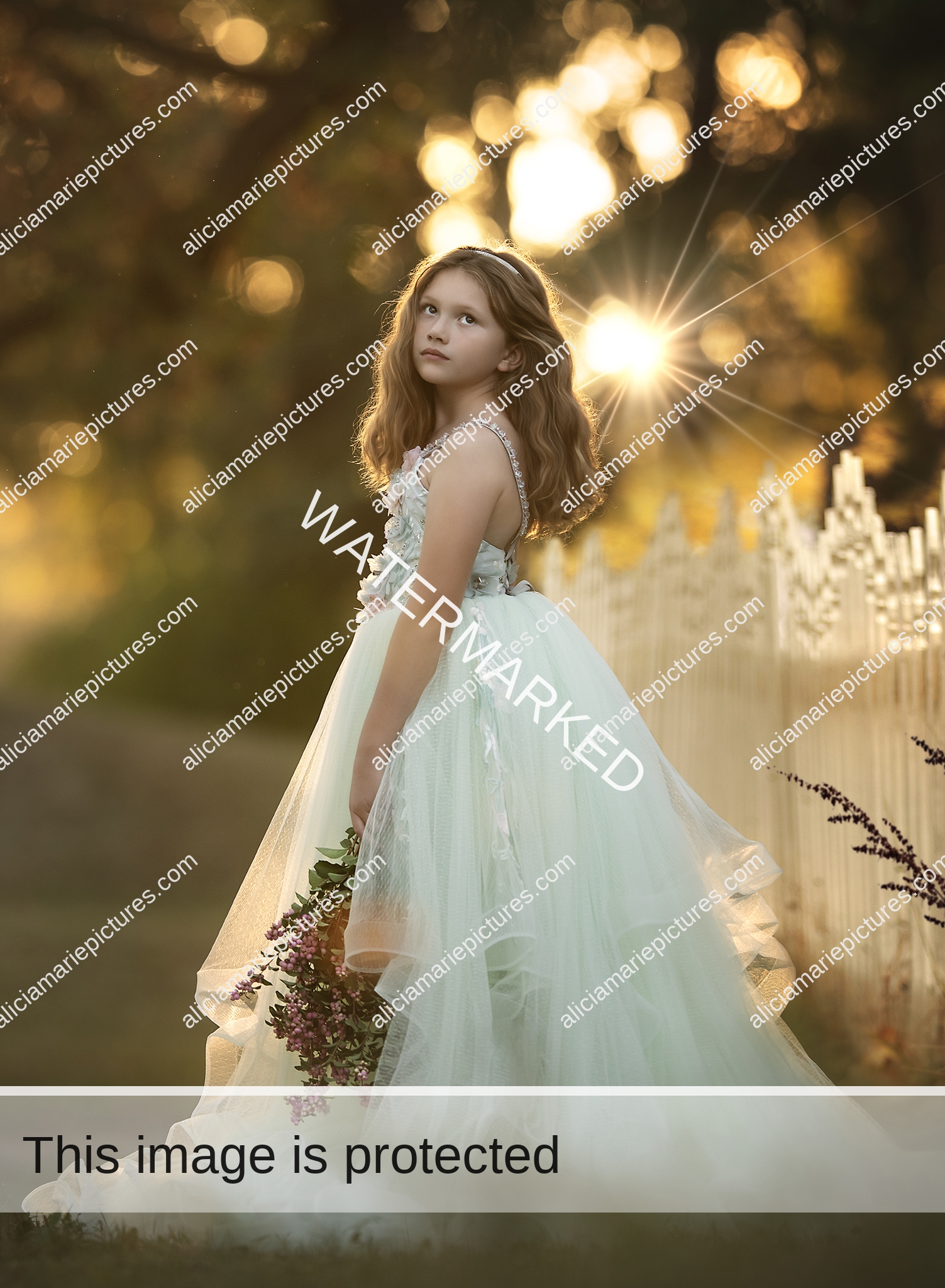 Young girl in couture gown dress holding flowers. Golden hour autumn sunset. Fargo, North Dakota fine art photography